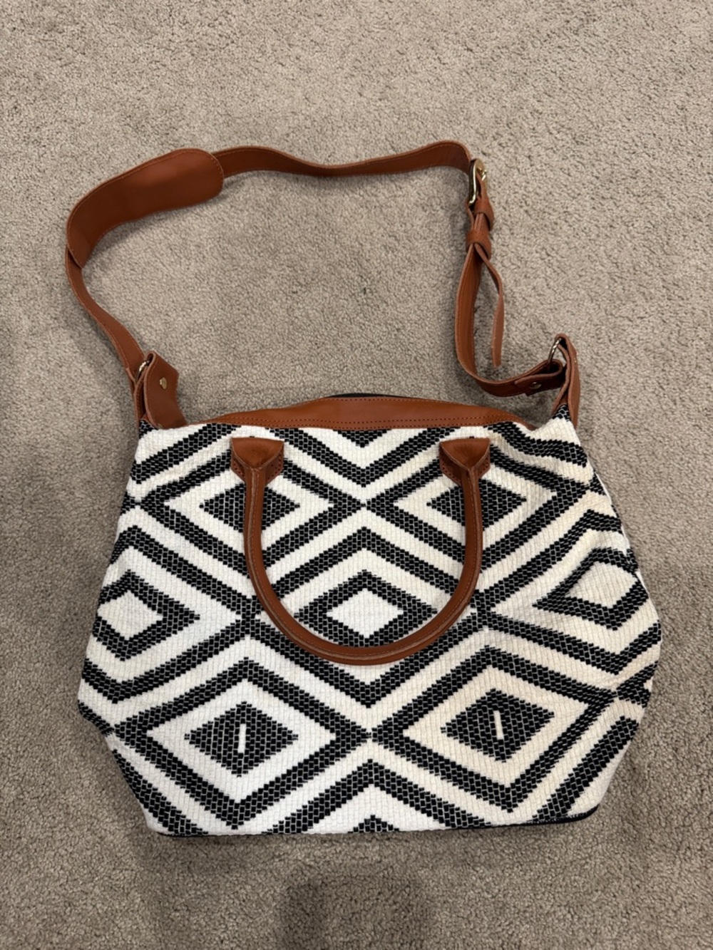Woven Geometric Black & White Tote with Tan Trim
